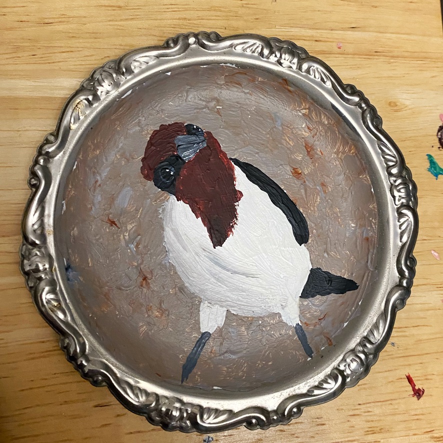 Derpy Birb- Acrylic Bird Paintings on Vintage Silver Coasters - Image 3