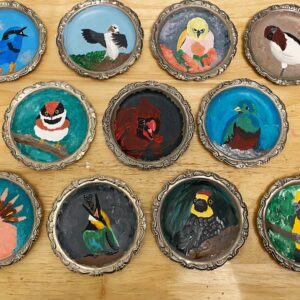 Derpy Birb- Acrylic Bird Paintings on Vintage Silver Coasters