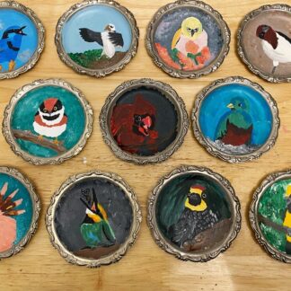 Derpy Birb- Acrylic Bird Paintings on Vintage Silver Coasters