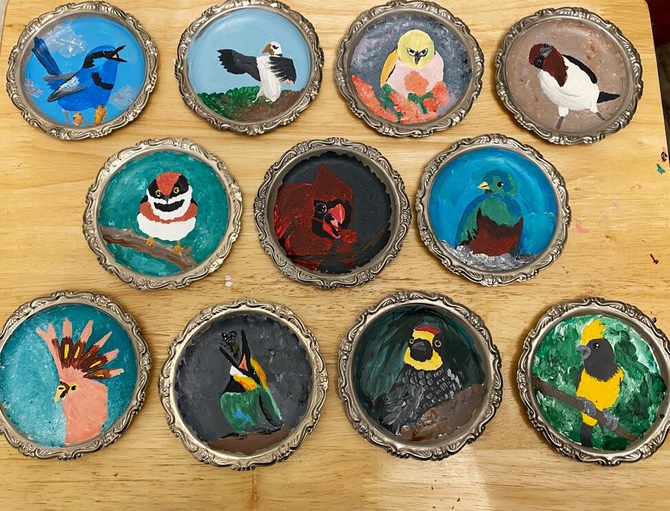 Derpy Birb- Acrylic Bird Paintings on Vintage Silver Coasters