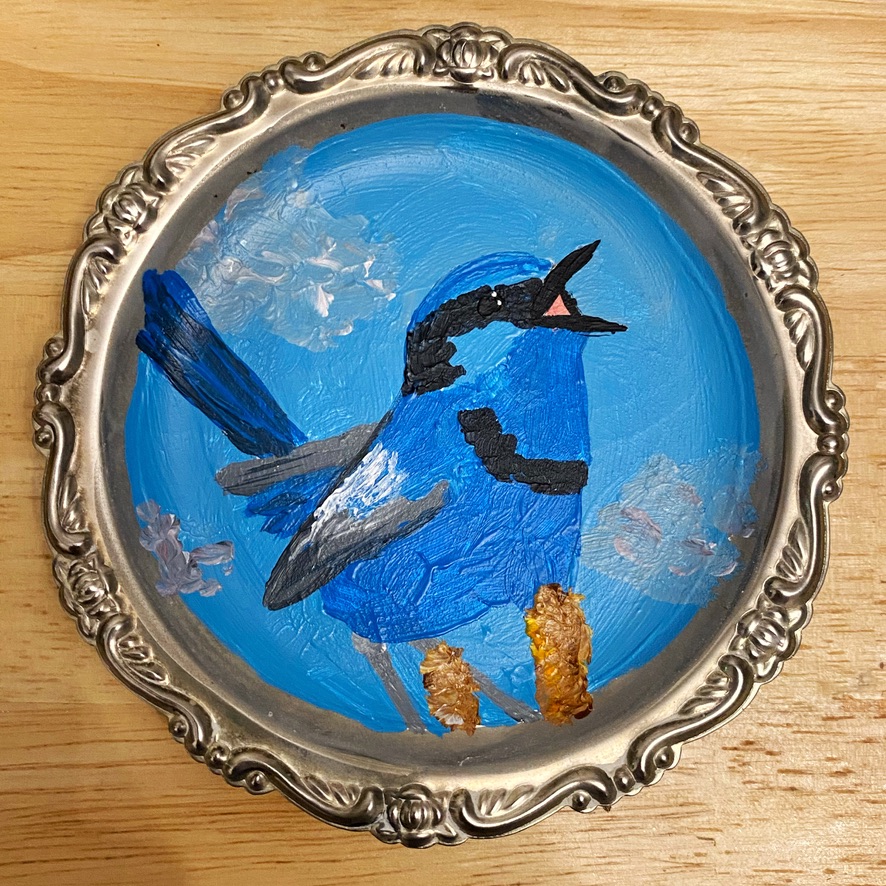 Derpy Birb- Acrylic Bird Paintings on Vintage Silver Coasters - Image 5