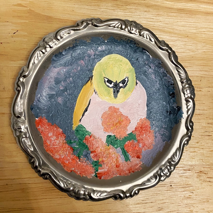 Derpy Birb- Acrylic Bird Paintings on Vintage Silver Coasters - Image 2