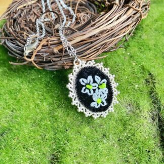 Hand Embroidered Necklace- small, black velvet with glow in the dark daisies