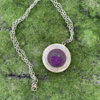 Burgundy Rose Embroidered Locket Necklace with Vintage Brass Chain