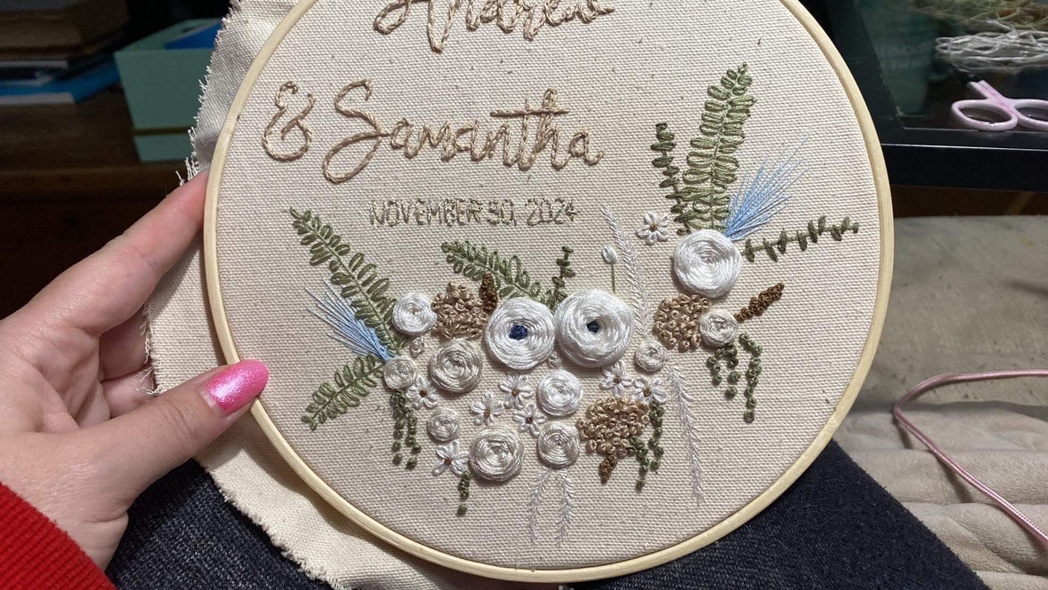 Custom Personalized Floral Wedding Embroidery, hand-stitched, bridal flowers, gift for bride and groom, unique and special home decor - Image 13