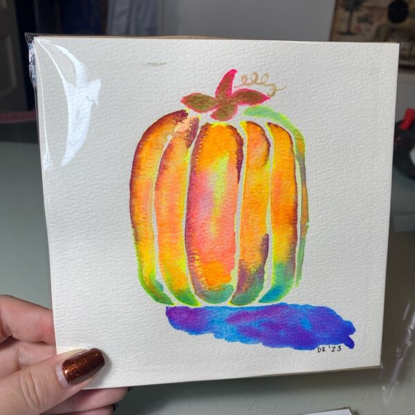 Neon Pumpkin Watercolour Painting – 6"x6" Autumn Harvest Art