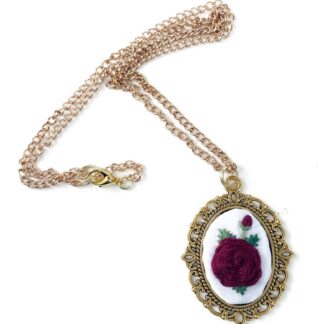 Hand Embroidered Necklace- Small- white satin red rose