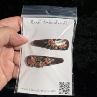Hand Embroidered Hairclip Pair- pink daisies on brown linen