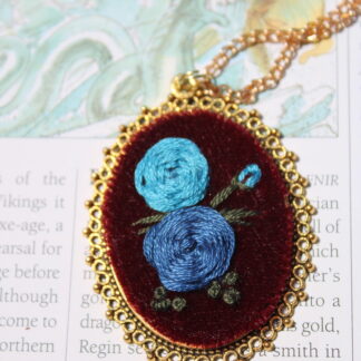 Blue Blossoms on Burgundy Velvet Hand Embroidered Necklace