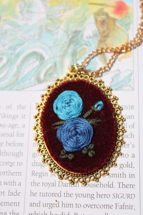 Blue Blossoms on Burgundy Velvet Hand Embroidered Necklace