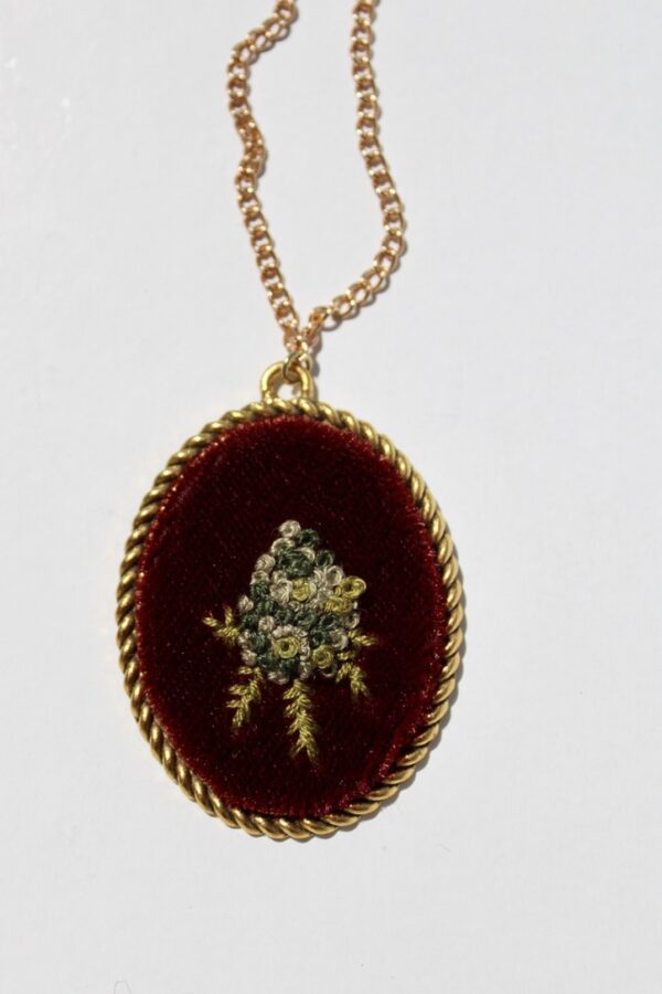 Hand Embroidered Floral Necklace- large red velvet with weed nug - Image 4