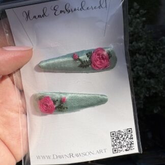 Hand Embroidered Hairclip Pair- pink rose on seafoam satin