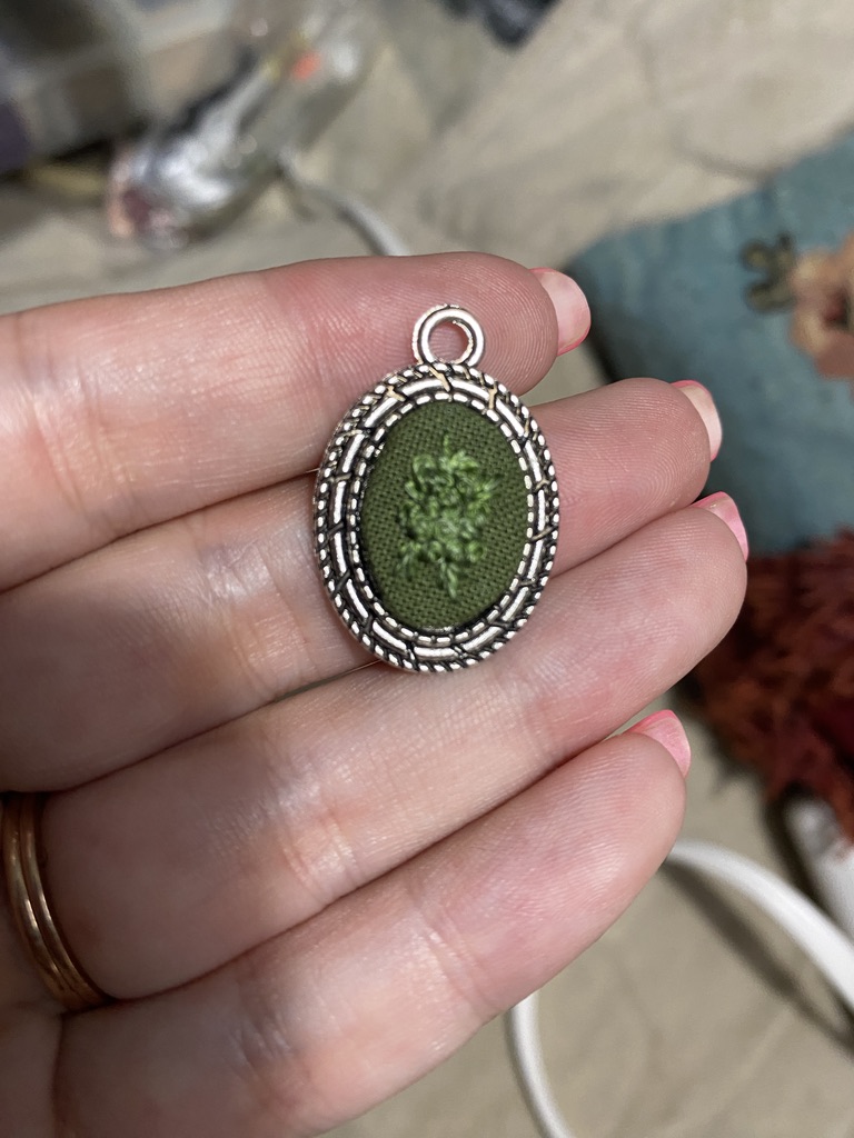 Hand Embroidered Necklace- tiny, green weed nug
