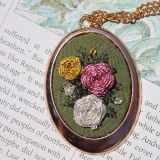 Hand Embroidered Floral Necklace- large metallic rose trio