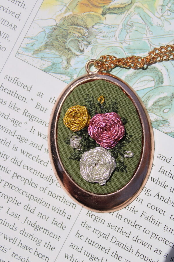 Hand Embroidered Floral Necklace- large metallic rose trio