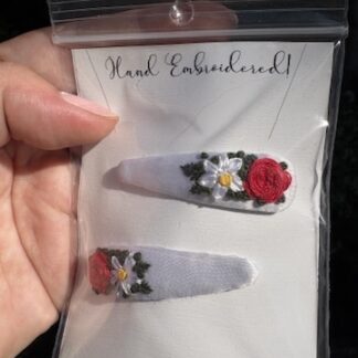Hand Embroidered Hairclip Pair- red rose and daisy on white satin