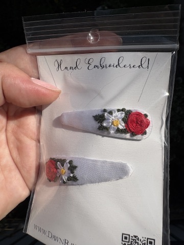Hand Embroidered Hairclip Pair- red rose and daisy on white satin