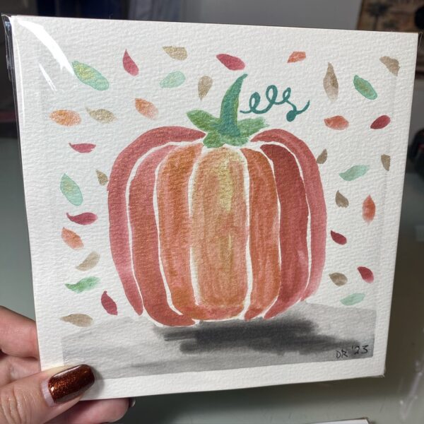 Autumn Pumpkin Watercolour Painting – Original 6x6 Fall Art with Colourful Leaves, Seasonal Harvest Wall Décor