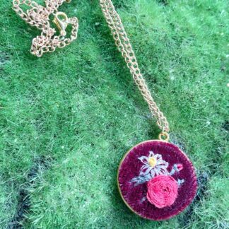 Hand Embroidered Necklace- small, red rose and daisy on red velvet