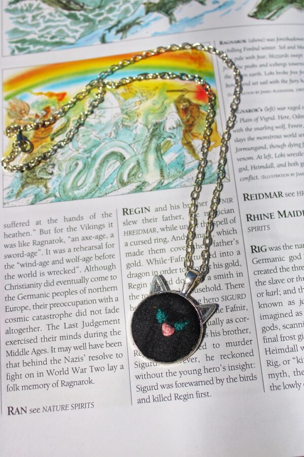 Cat Ear Hand Embroidered Necklace – Silver Frame