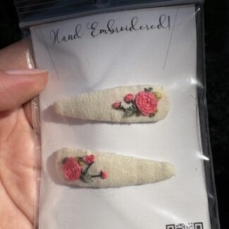 Hand Embroidered Hairclip Pair- pink rose on white linen