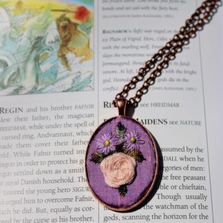 Blush Rose and Purple Daisy Embroidered Pendant Necklace – Hand Stitched Floral Jewelry on Purple Silk with Copper Chain