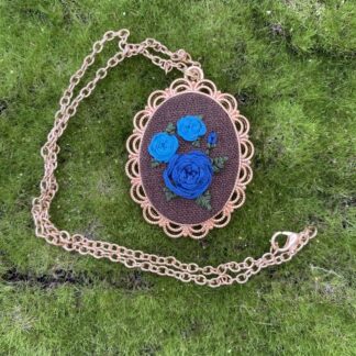 Blue Rose Cluster Hand Embroidered Necklace with Rose Gold Frame