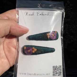 Hand Embroidered Hairclip Pair- purple and gold on teal silk