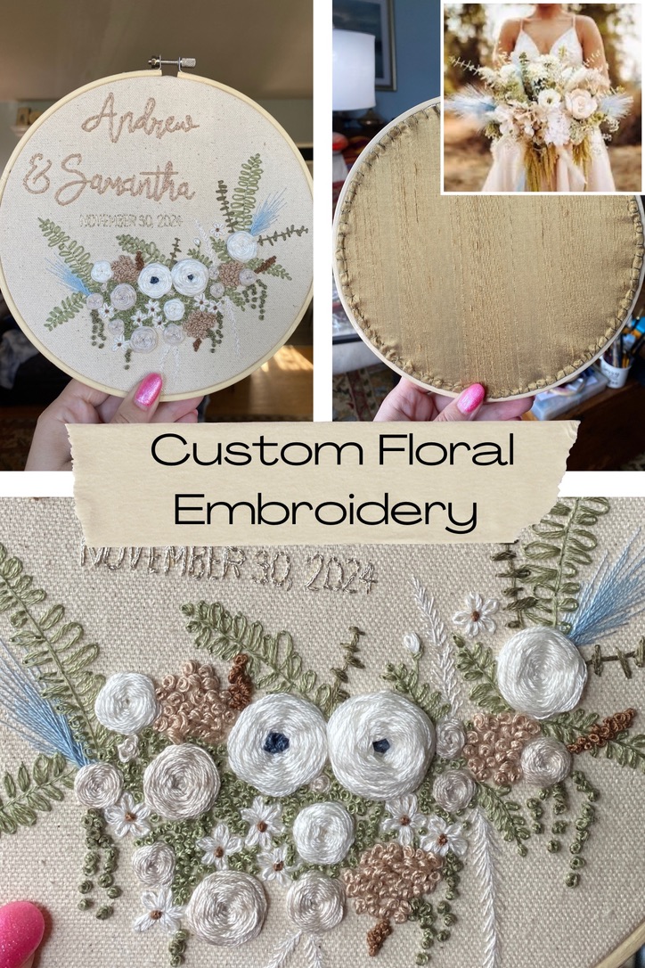 Custom Personalized Floral Wedding Embroidery, hand-stitched, bridal flowers, gift for bride and groom, unique and special home decor