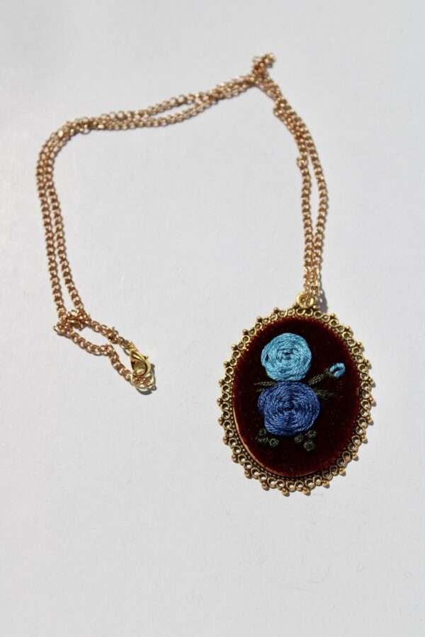 Blue Blossoms on Burgundy Velvet Hand Embroidered Necklace - Image 4