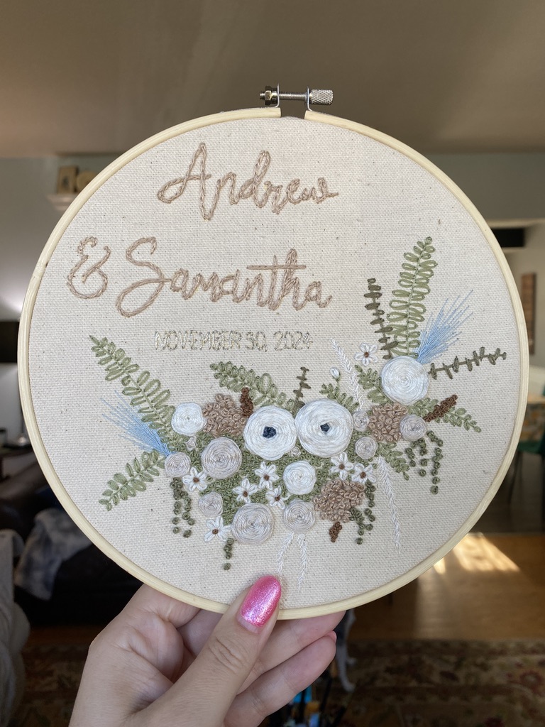 Custom Personalized Floral Wedding Embroidery, hand-stitched, bridal flowers, gift for bride and groom, unique and special home decor - Image 9