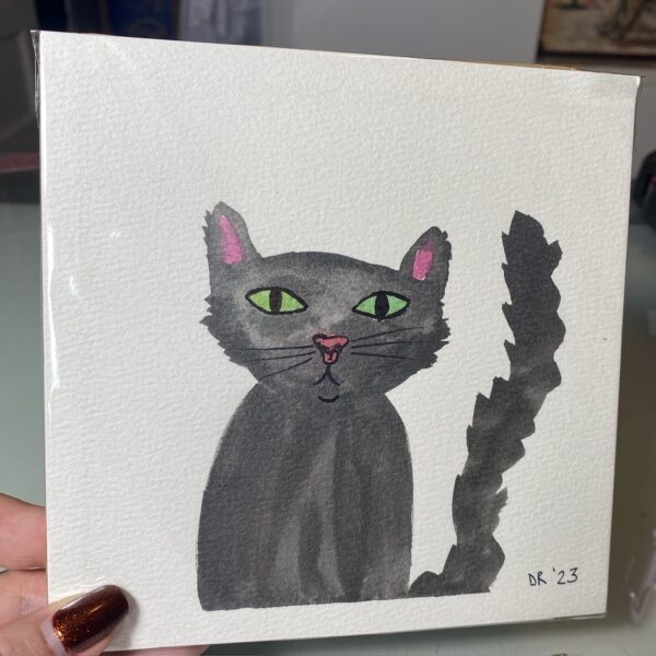 Whimsical Black Cat Watercolour Painting – Original 6x6 Cat Art with Green Eyes and Fluffy Tail, Halloween Wall Décor