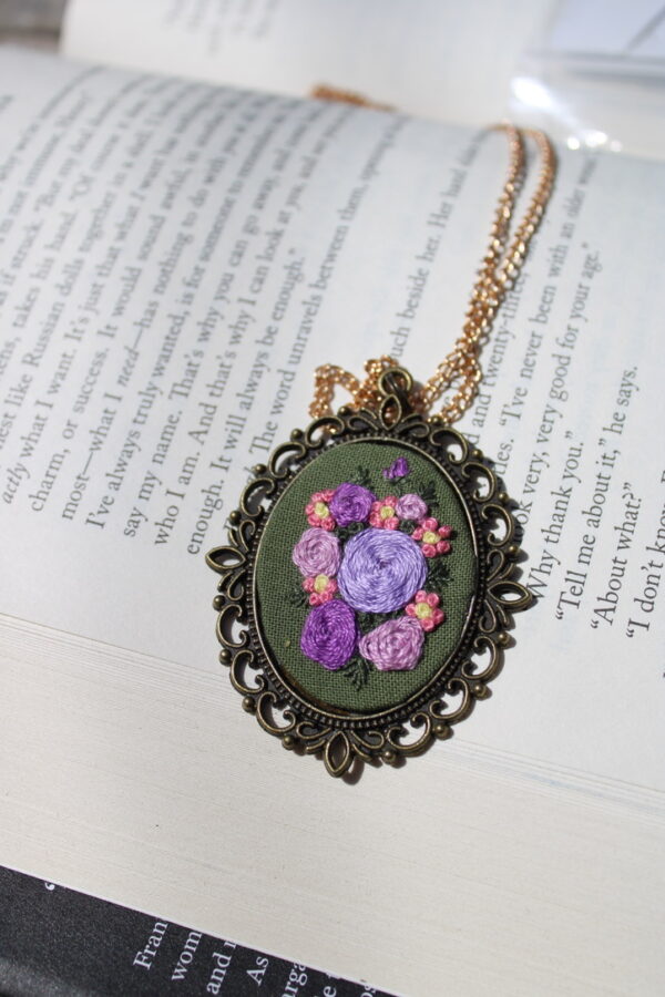 Lavender Rose Bouquet Embroidered Necklace - Image 2
