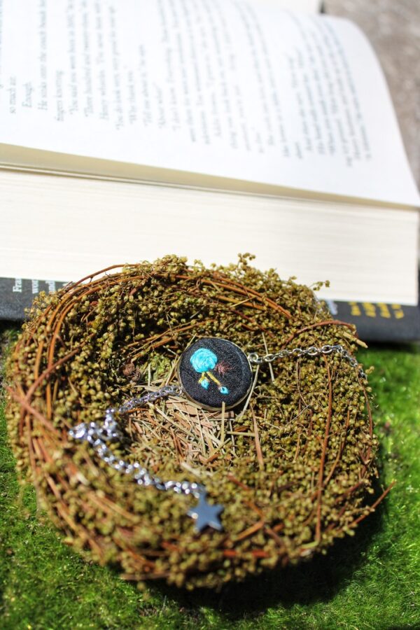 Blue Bloom Hand Embroidered Bracelet – Silver Chain