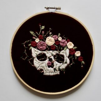 cottage core embroidered floral skull 6” embroidery, red velvet Ivy and wild roses, my house of stone your Ivy grows, whimsical wall art for skull lover