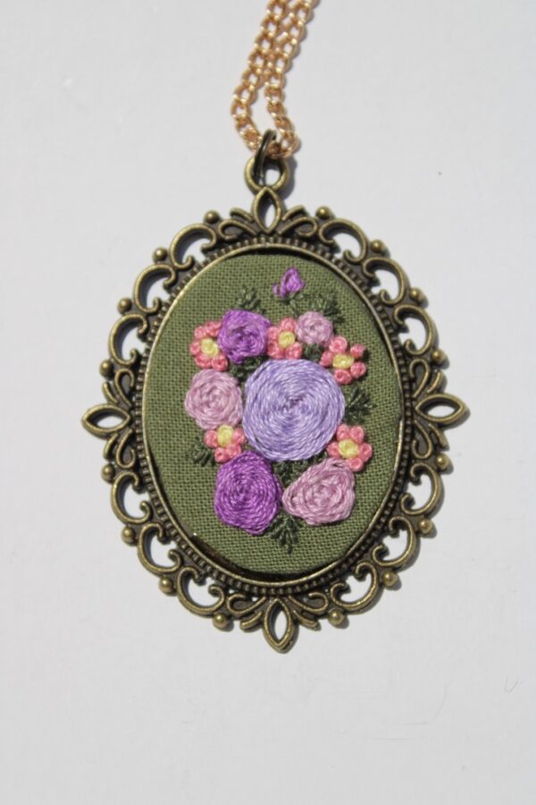 Lavender Rose Bouquet Embroidered Necklace