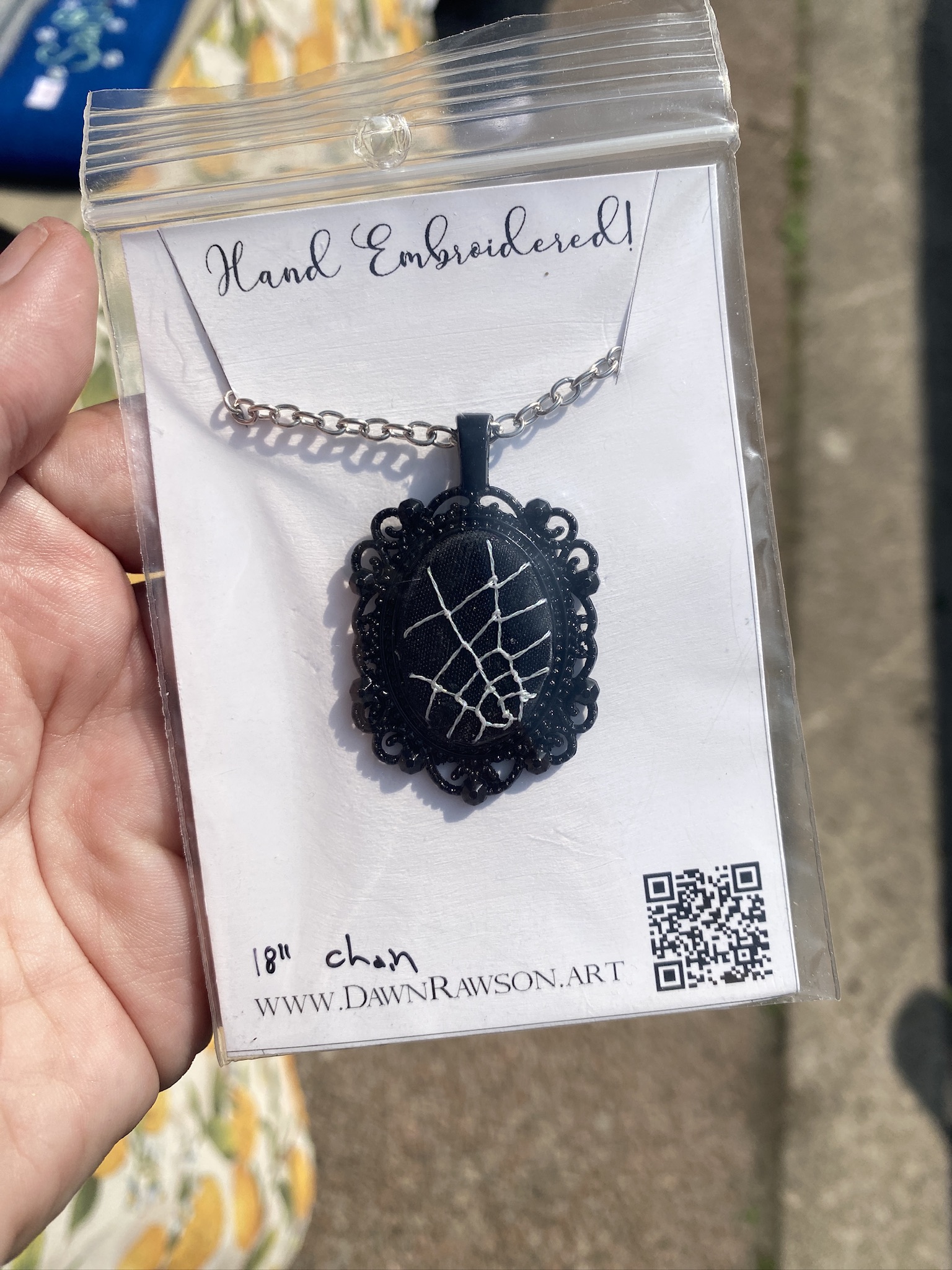 Shimmering Black Spiderweb Hand Embroidered Necklace – Gothic Cameo Pendant