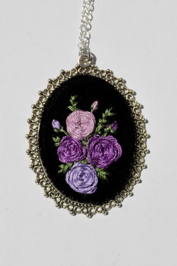 Purple Rose Cluster Hand Embroidered Necklace - Image 5
