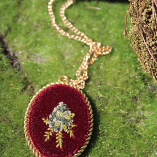 Hand Embroidered Floral Necklace- large red velvet with weed nug