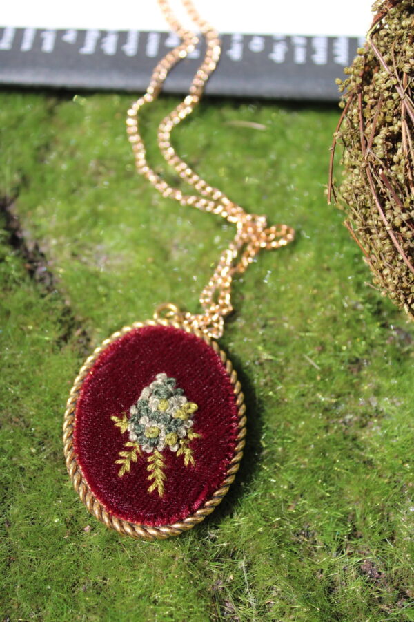 Hand Embroidered Floral Necklace- large red velvet with weed nug