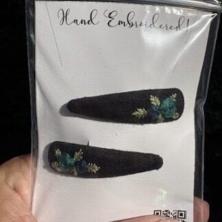 Hand Embroidered Hairclip Pair- blue roses on black silk