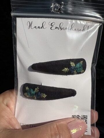 Hand Embroidered Hairclip Pair- blue roses on black silk