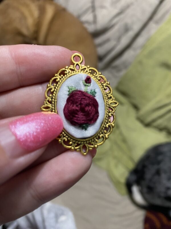 Hand Embroidered Necklace- Small- white satin red rose - Image 3