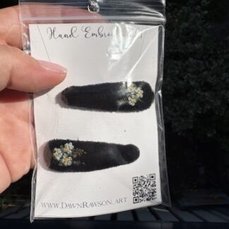 Hand Embroidered Hairclip Pair- blue daisies on black velvet