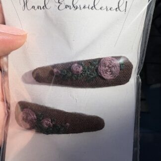 Hand Embroidered Hairclip Pair- purple roses on brown linen
