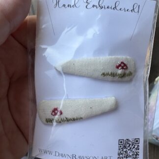 Hand Embroidered Hairclip Pair- red mushrooms on cream linen