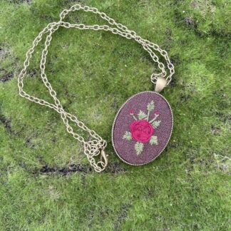Hand Embroidered Red Rose Necklace – Floral Pendant with Bronze Frame, Cottagecore Botanical Jewellery, Handmade Gift for Her