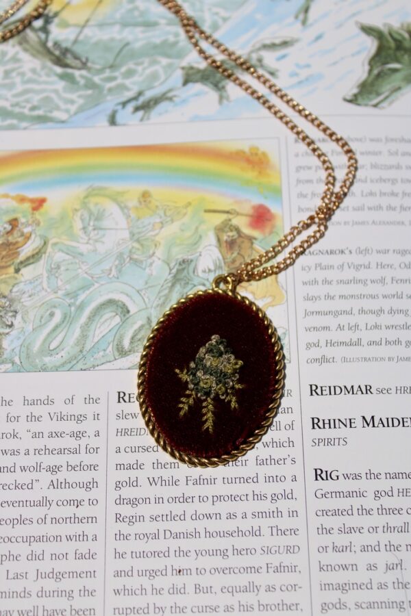 Hand Embroidered Floral Necklace- large red velvet with weed nug - Image 3