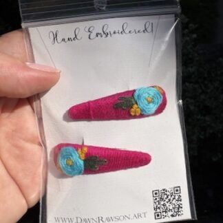 Hand Embroidered Hairclip Pair- blue and gold on pink silk