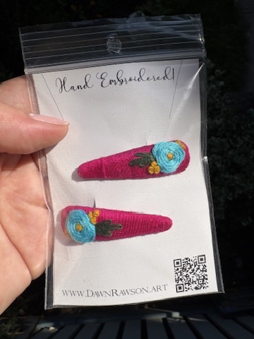 Hand Embroidered Hairclip Pair- blue and gold on pink silk